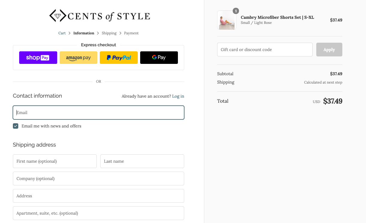 checkout page for Applying Cents of Style Discount Codes