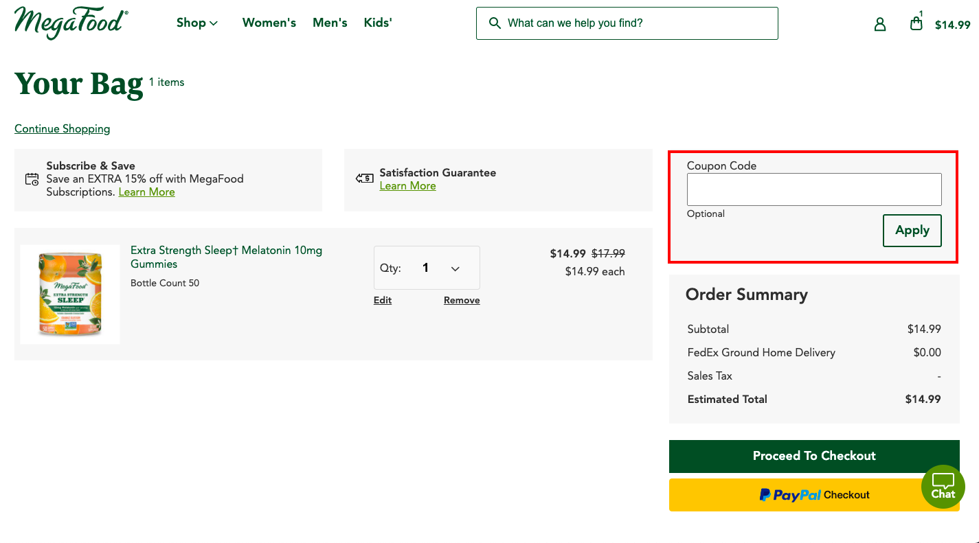 check out page for Applying MegaFood Coupon Codes