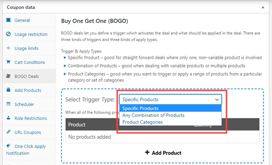 category settings for BOGO coupons