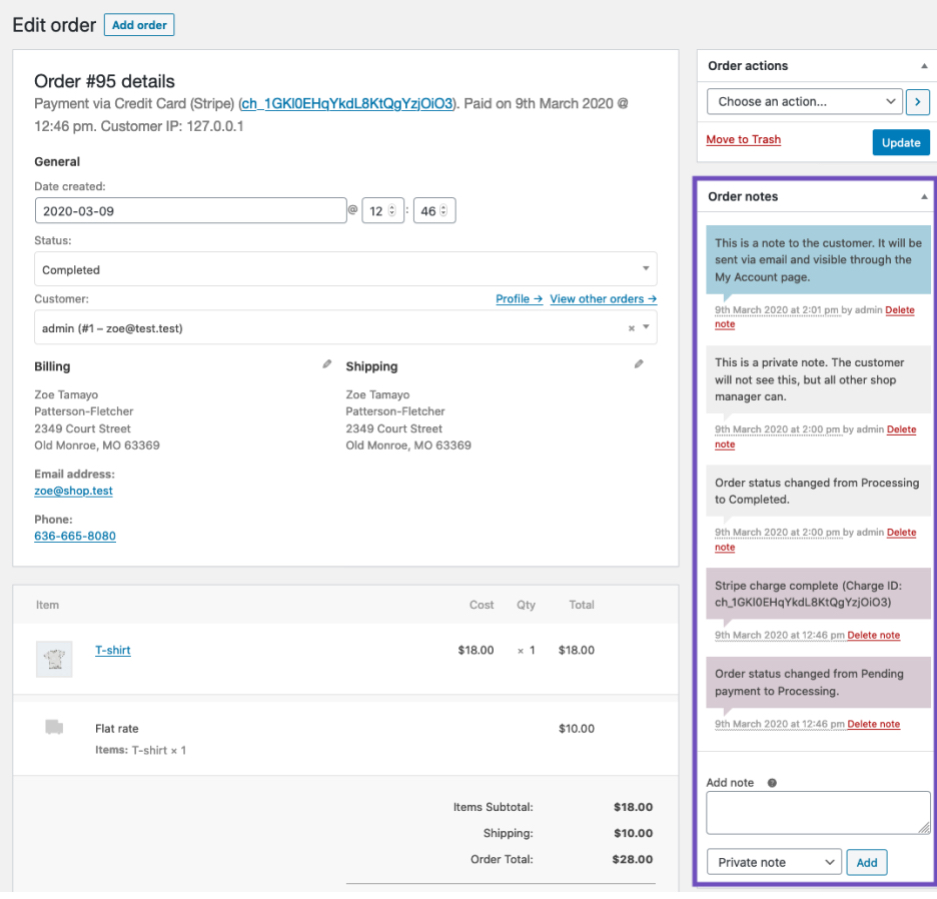 manage order notes in woocommerce
