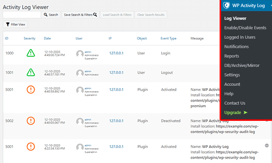 wp activity log settings