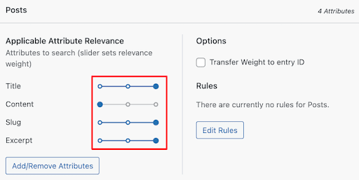 applicable attribute relevance settings in searchwp