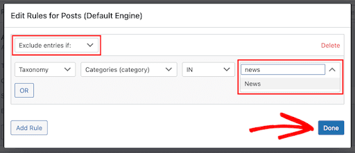 set rules in searchwp to exclude specific categories and taxonomies