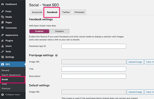 yoast seo facebook social settings