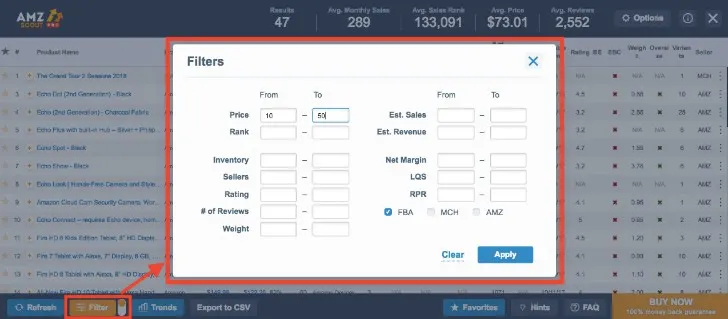 sort filter in amzscout web app