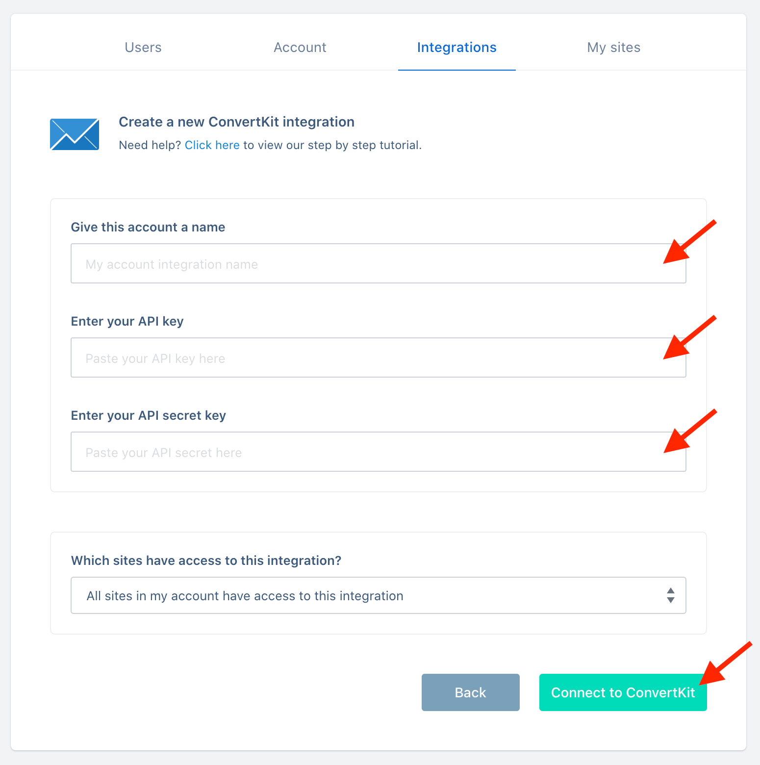 convertkit integration screen