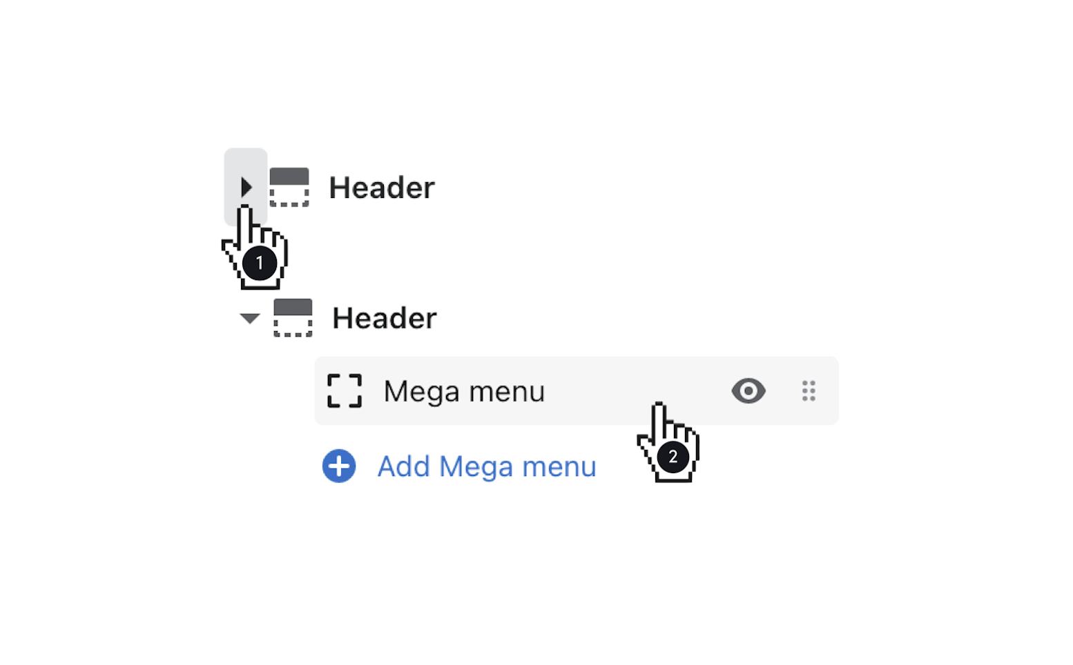 click toggle to left of header to reveal mega menu blocks