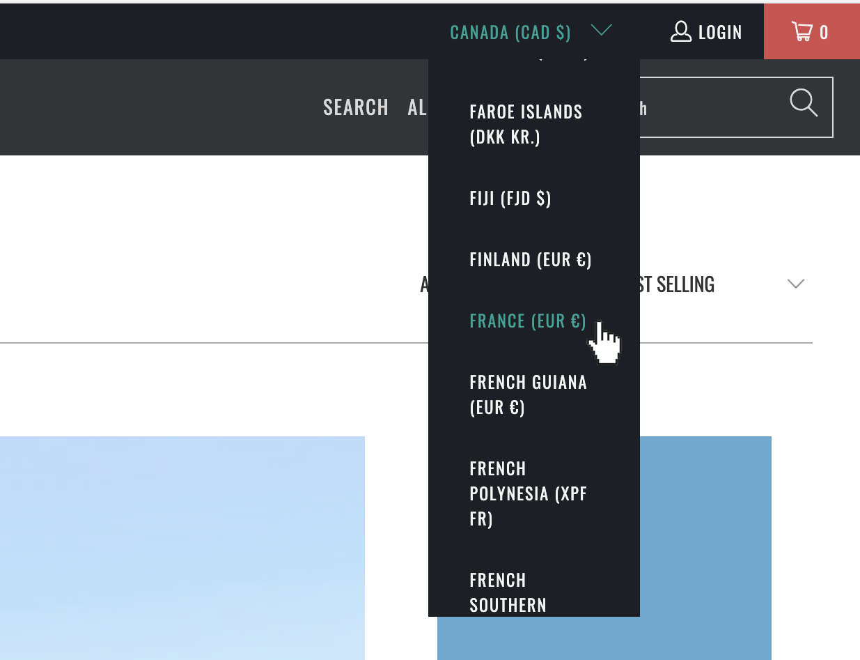 country selector used for region and currency selection