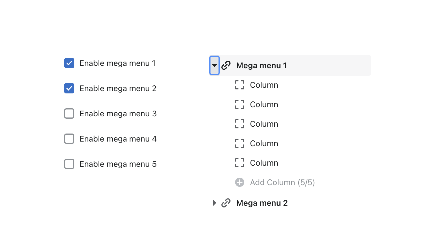 enable up to five mega menus in the theme settings
