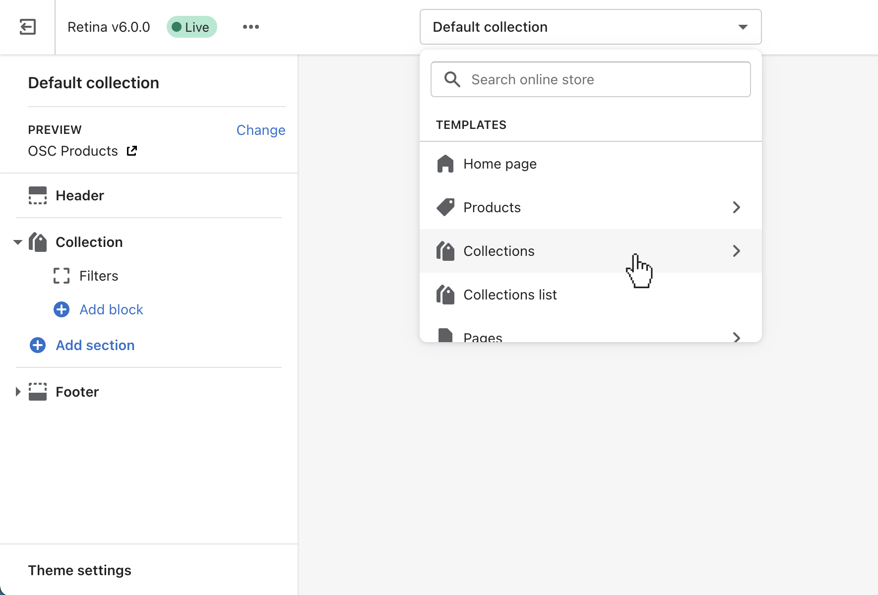 retina theme editor opening collections to locate default collection