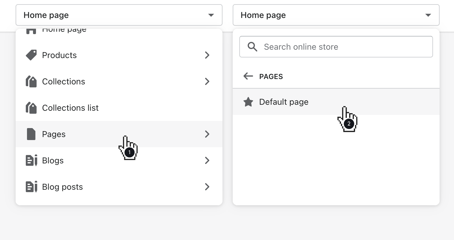 select pages then default page to customize