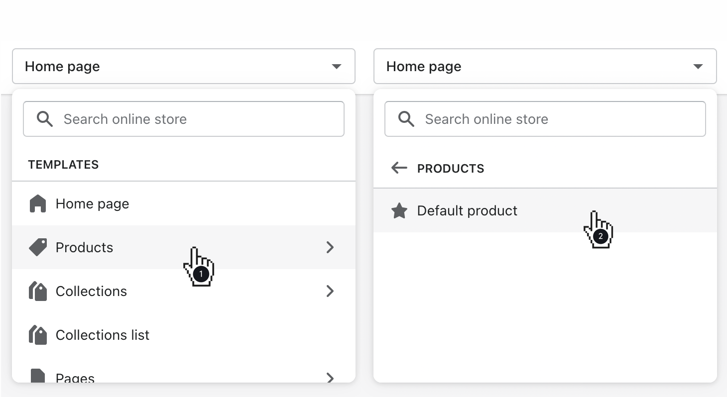 select products then default to adjust the base template